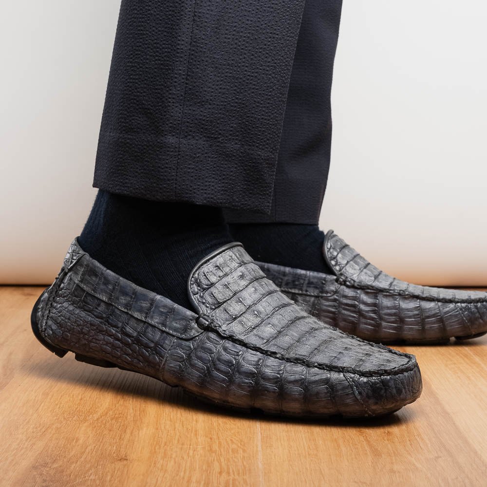 Remo Genuine Caiman Slip On Driving Loafers Gray