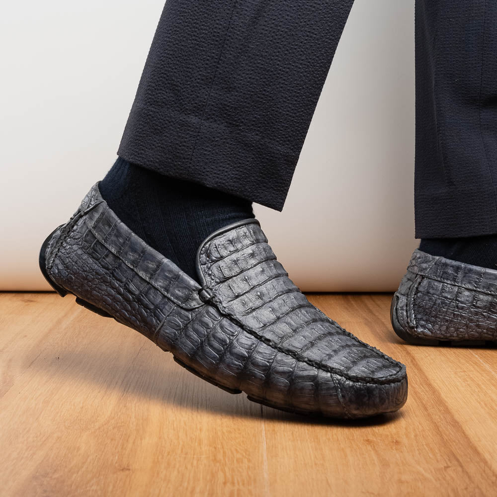Remo Genuine Caiman Slip On Driving Loafers Gray