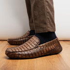 Men's genuine Crocodile caiman slip-on driving loafer Shoes Remo Washed Brown