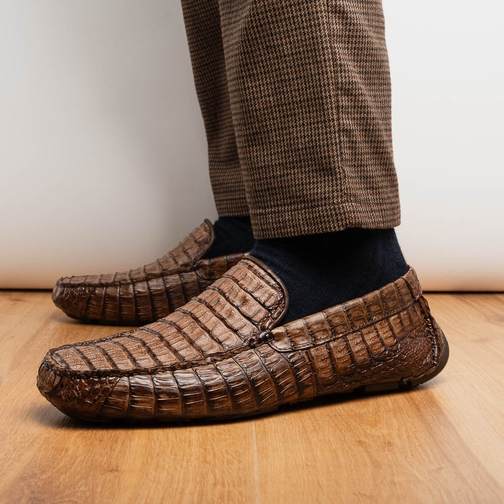 Men's genuine Crocodile caiman slip-on driving loafer Shoes Remo Washed Brown