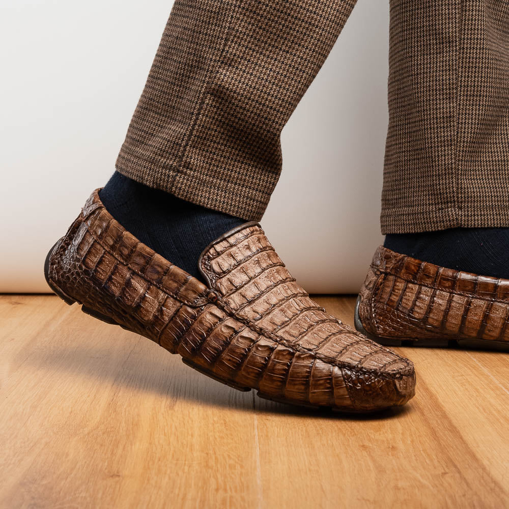 Men's genuine Crocodile caiman slip-on driving loafer Shoes Remo Washed Brown