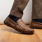 Men's genuine Crocodile caiman slip-on driving loafer Shoes Remo Washed Brown