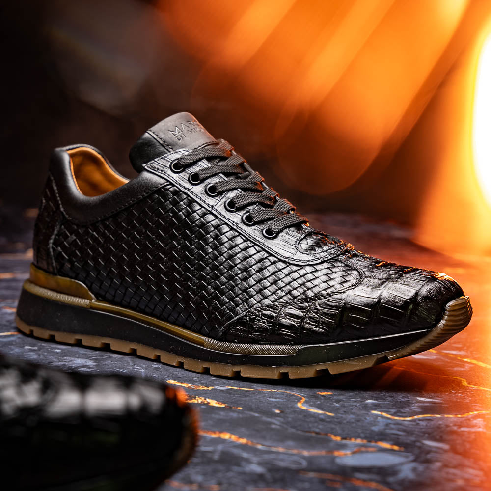 calfskin and genuine caiman crocodile fashion sneaker Roma Black
