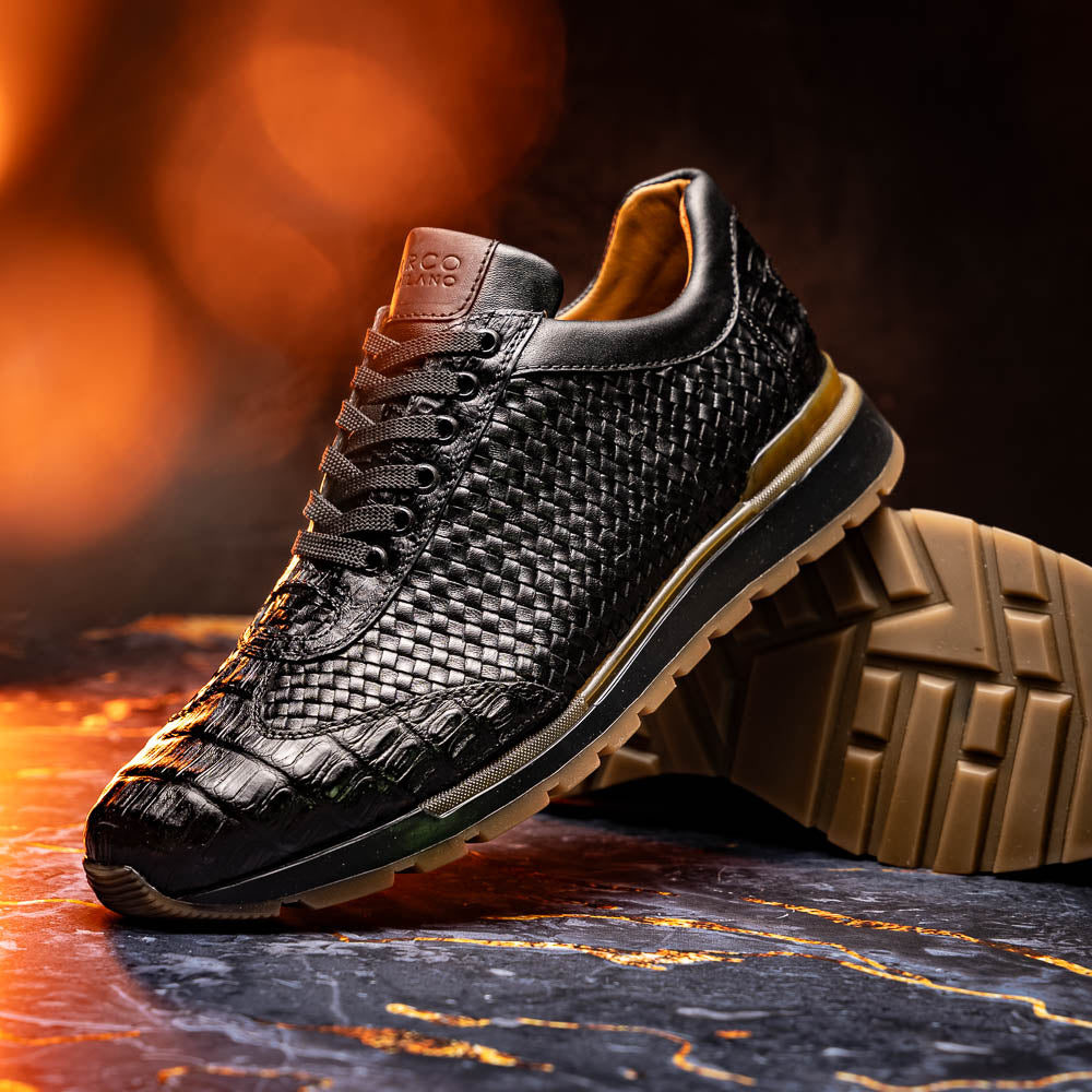 calfskin and genuine caiman crocodile fashion sneaker Roma Black