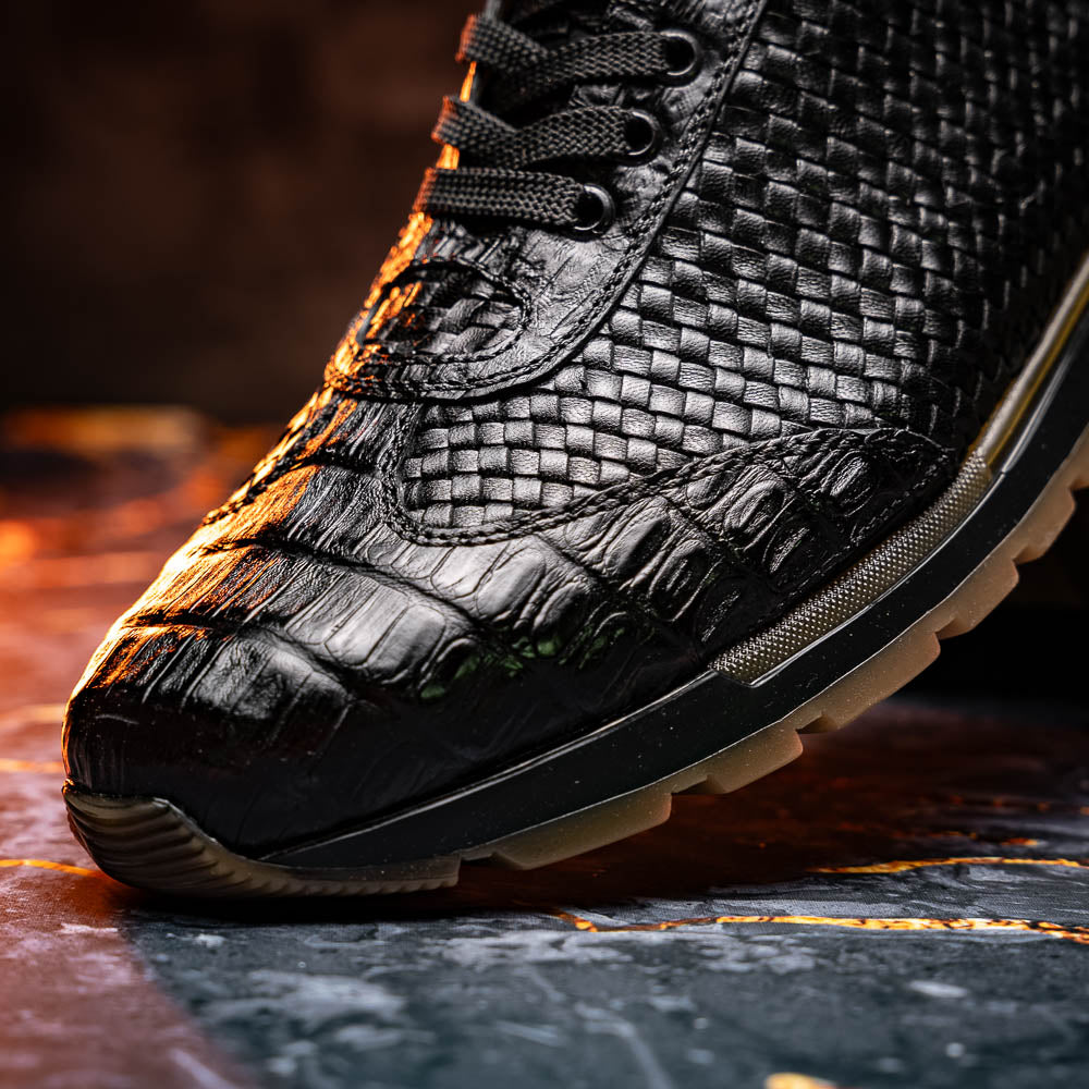 calfskin and genuine caiman crocodile fashion sneaker Roma Black