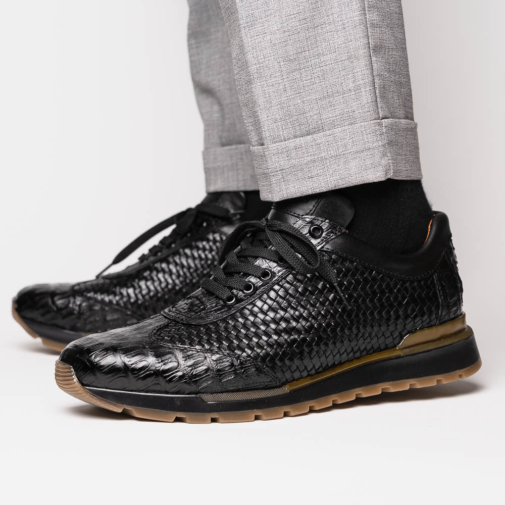 calfskin and genuine caiman crocodile fashion sneaker Roma Black