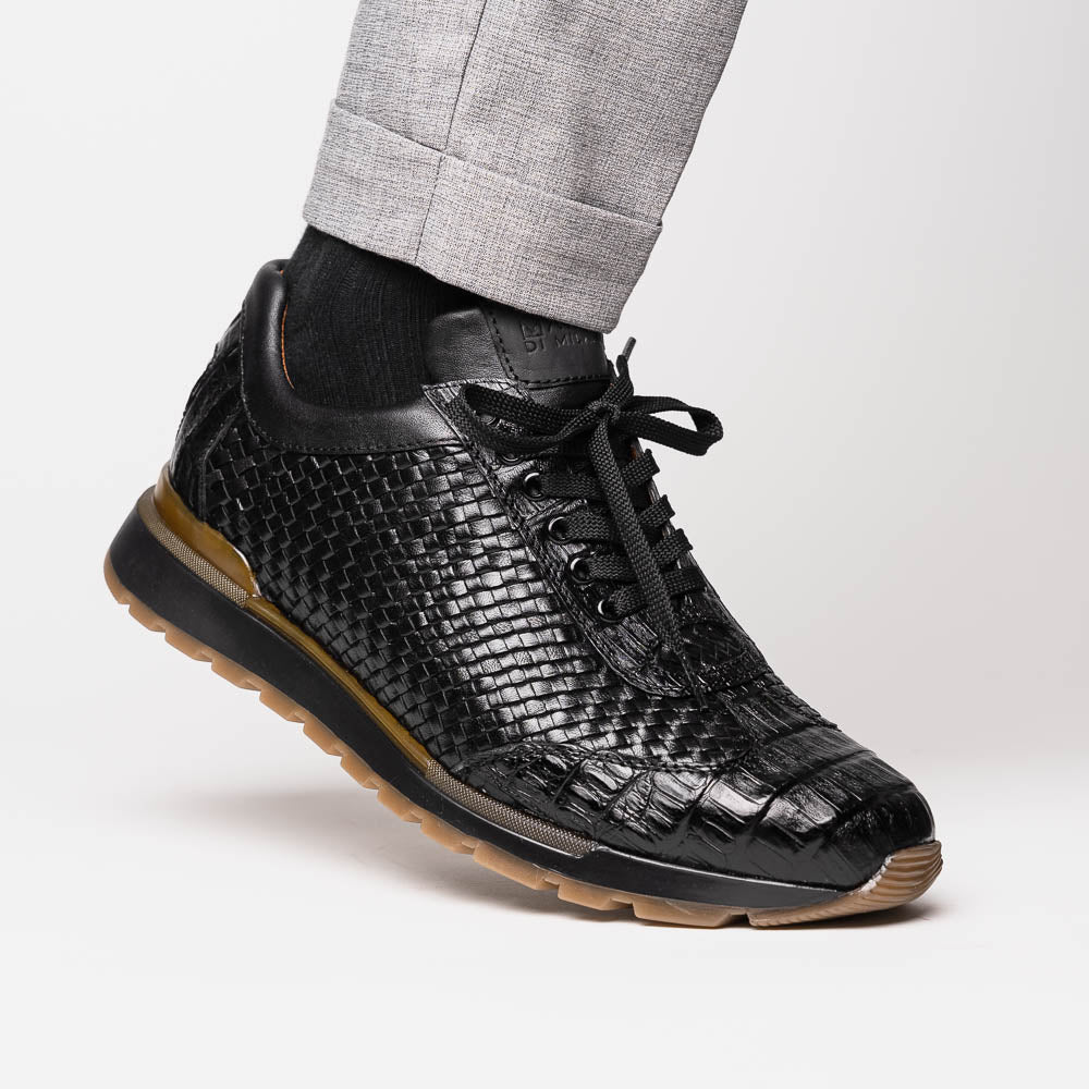 calfskin and genuine caiman crocodile fashion sneaker Roma Black