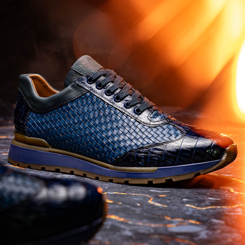 calfskin and genuine caiman crocodile fashion sneaker Shoes Roma Navy