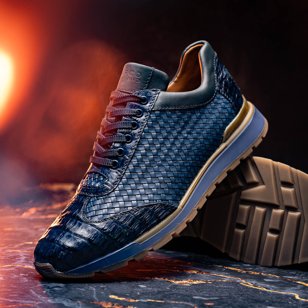 calfskin and genuine caiman crocodile fashion sneaker Shoes Roma Navy
