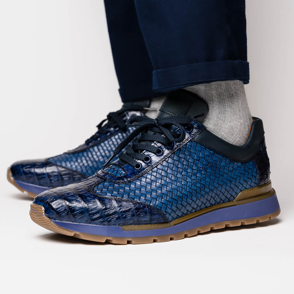 calfskin and genuine caiman crocodile fashion sneaker Shoes Roma Navy