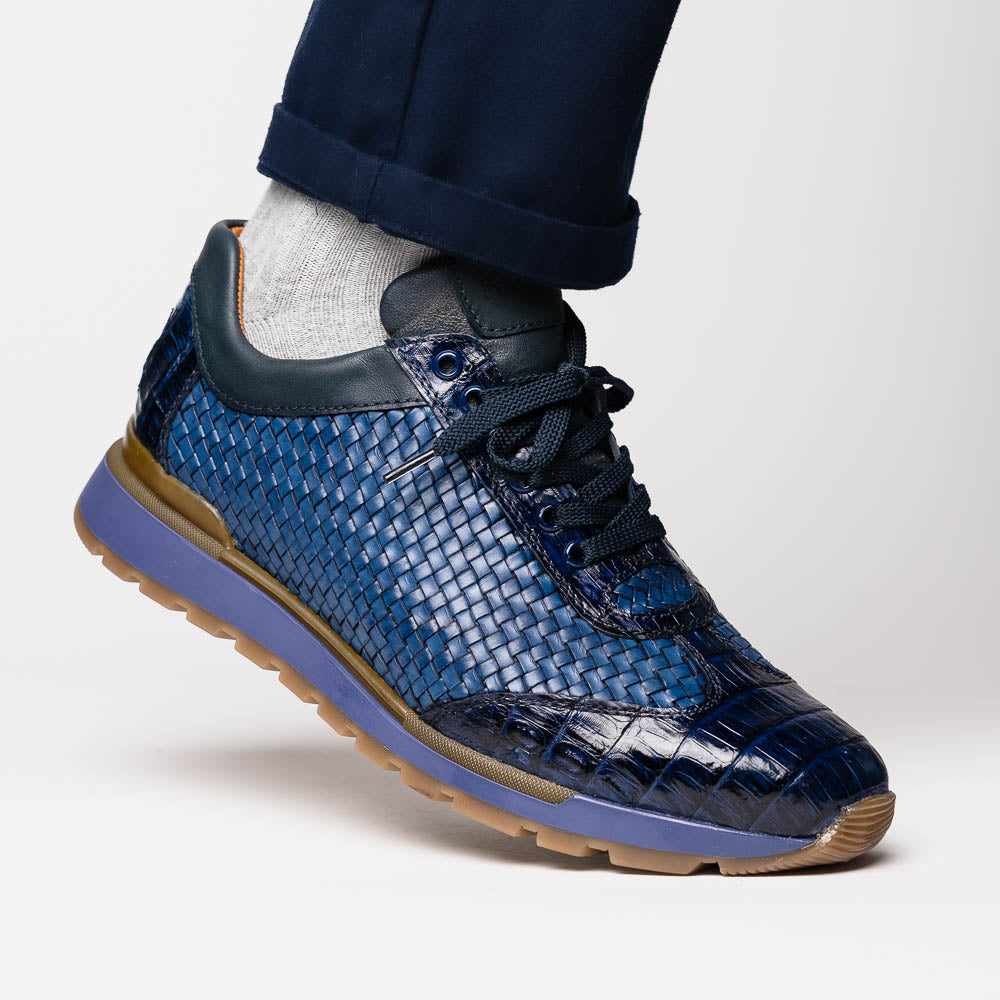 calfskin and genuine caiman crocodile fashion sneaker Shoes Roma Navy