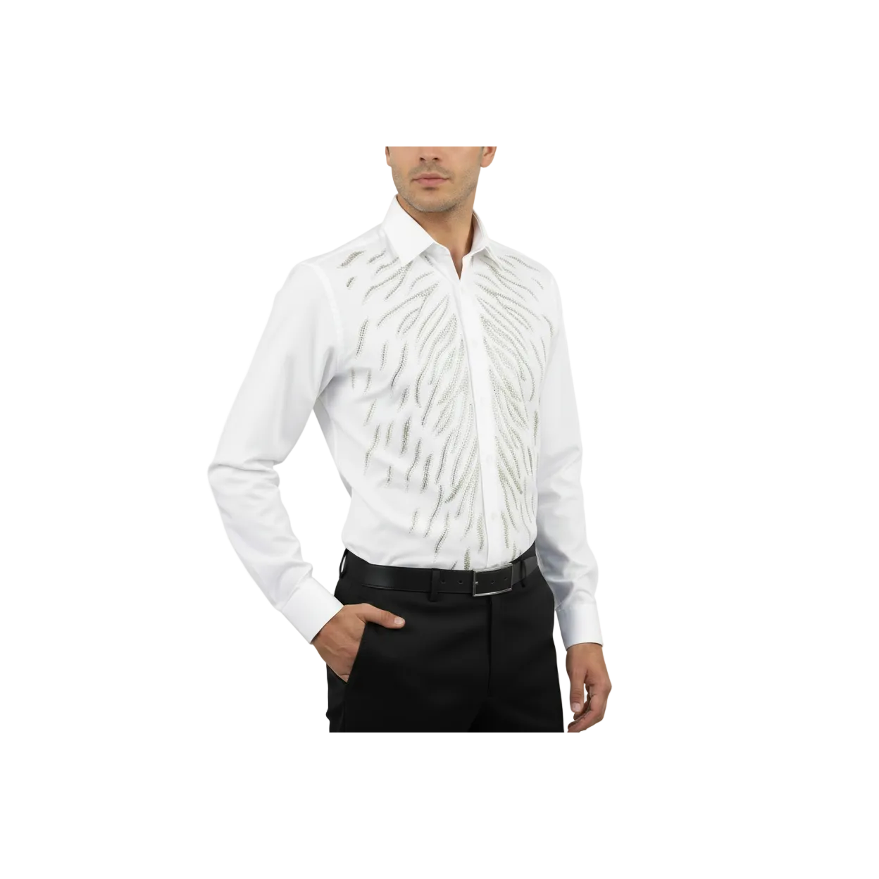 Men CEREMONIA Turkey Shirt 100% Cotton Fancy Rhine Stone #Roma 13 White Slim Fit