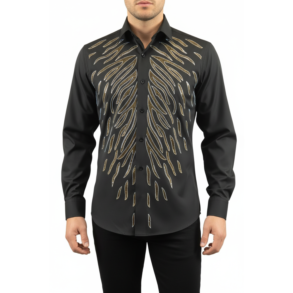 Men CEREMONIA Turkey Shirt 100% Cotton Fancy Rhine Stone #Roma 15 Black Slim Fit