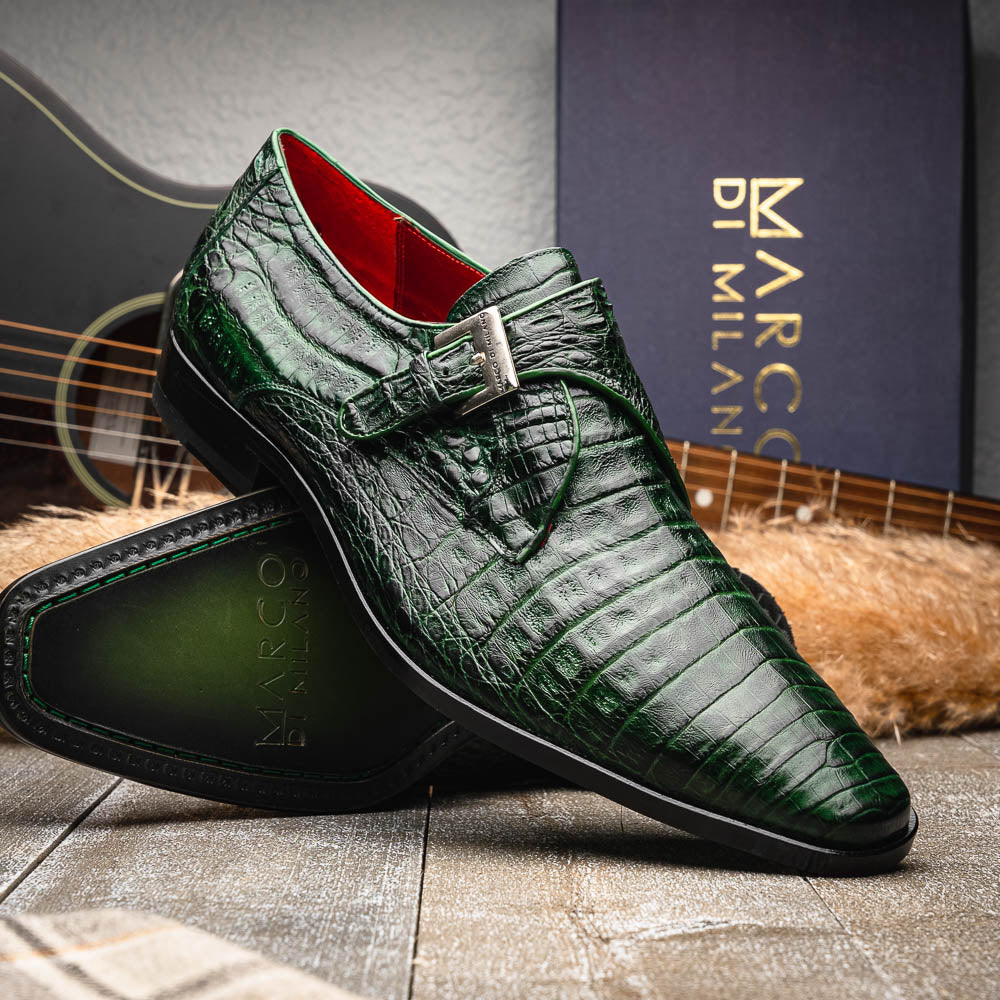 Rovigo Genuine Caiman Crocodile Monk Strap Forest Green