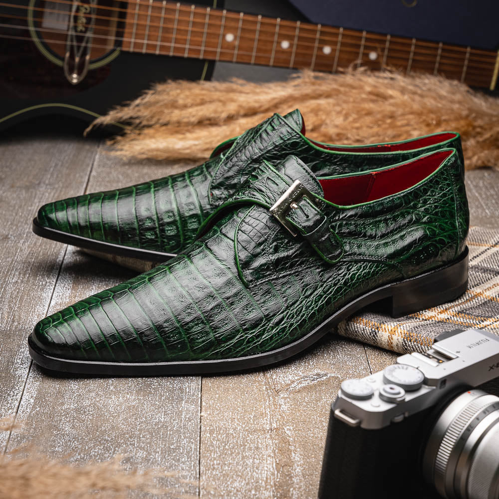 Rovigo Genuine Caiman Crocodile Monk Strap Forest Green