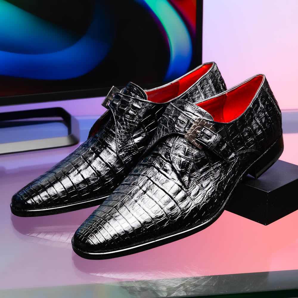 genuine caiman crocodile dress monk strap Shoes Rovigo Black