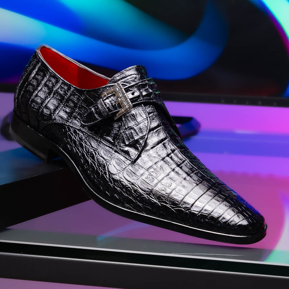 genuine caiman crocodile dress monk strap Shoes Rovigo Black
