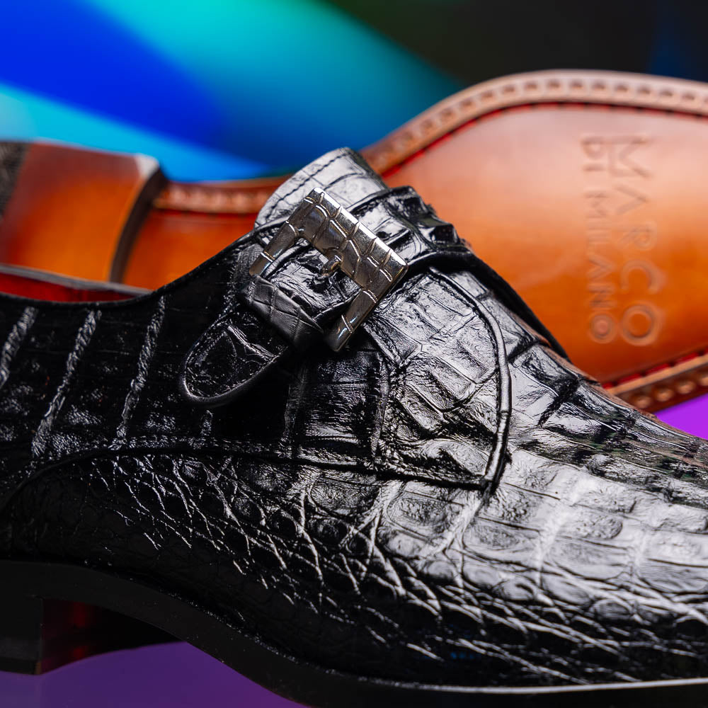 genuine caiman crocodile dress monk strap Shoes Rovigo Black