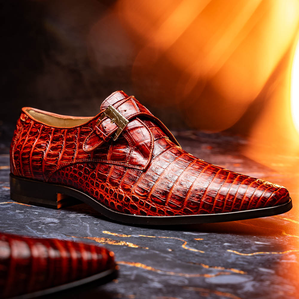 Rovigo Genuine Caiman Crocodile Monk Strap Shoes Rustic Cognac