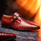 Rovigo Genuine Caiman Crocodile Monk Strap Shoes Rustic Cognac