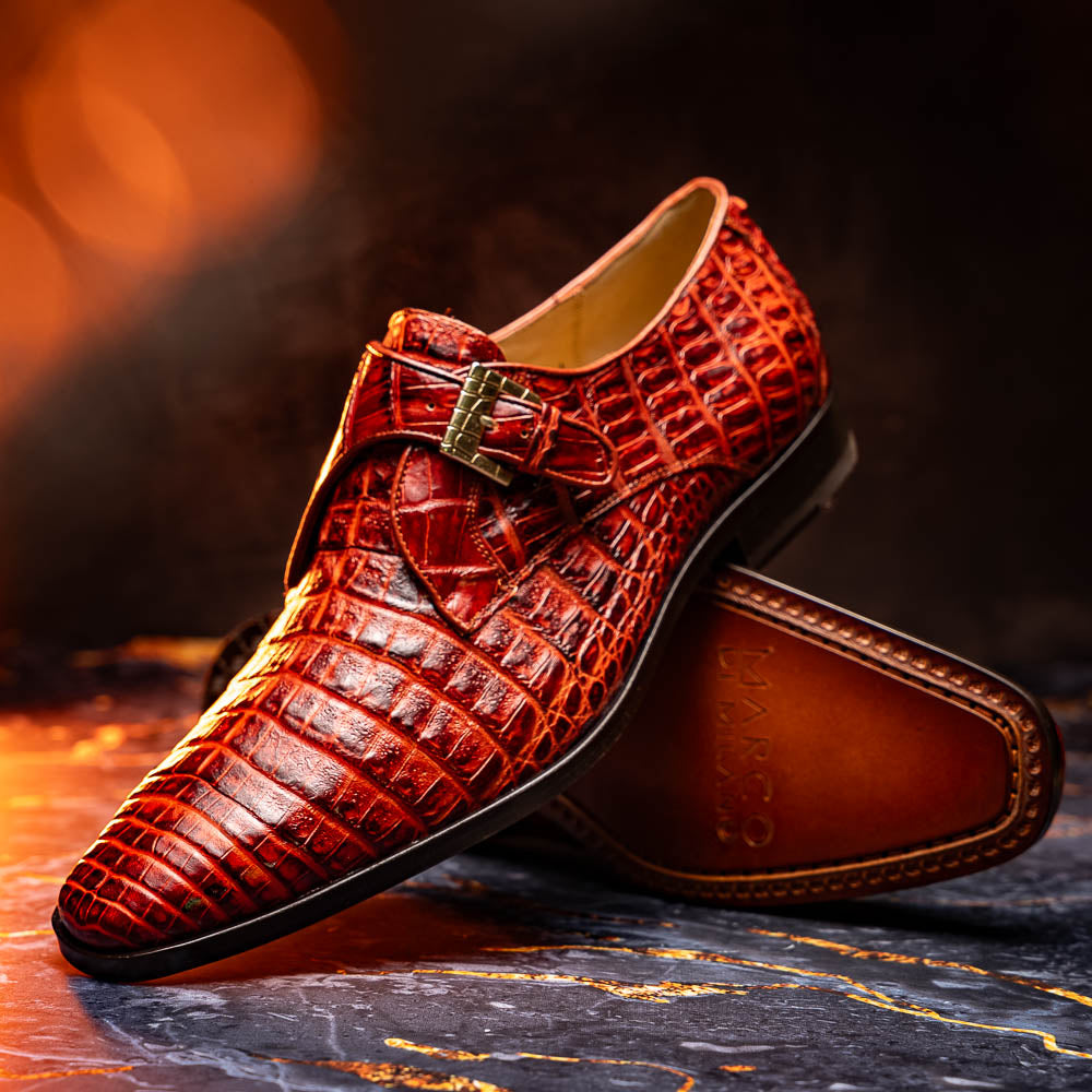 Rovigo Genuine Caiman Crocodile Monk Strap Shoes Rustic Cognac