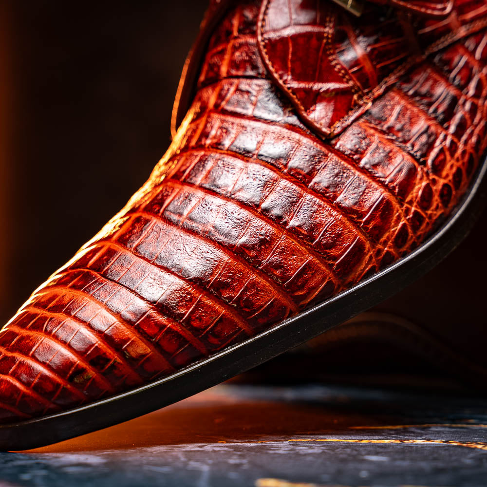 Rovigo Genuine Caiman Crocodile Monk Strap Shoes Rustic Cognac