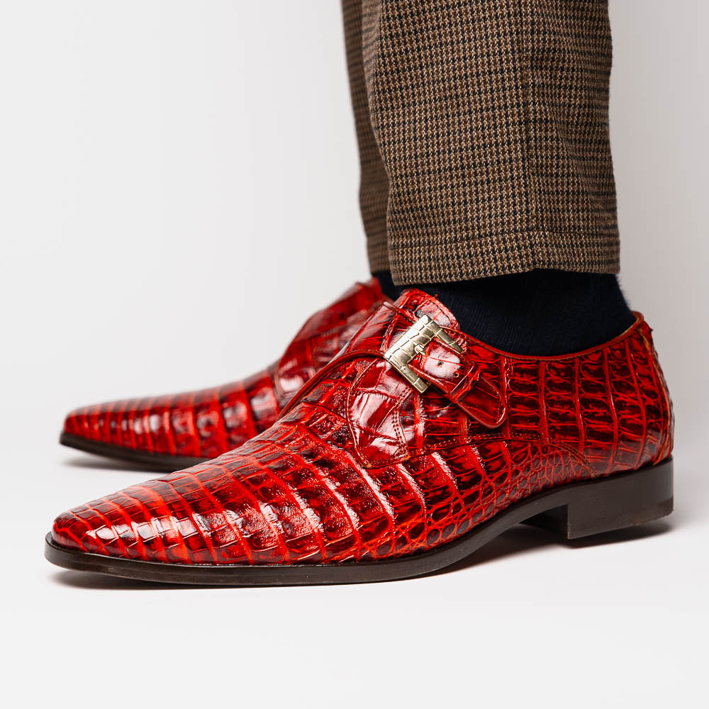 Rovigo Genuine Caiman Crocodile Monk Strap Shoes Rustic Cognac