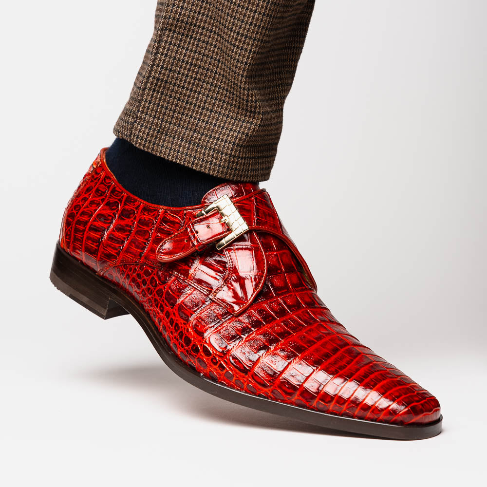 Rovigo Genuine Caiman Crocodile Monk Strap Shoes Rustic Cognac
