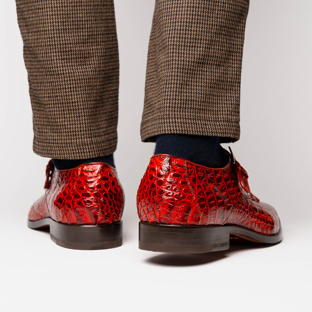 Rovigo Genuine Caiman Crocodile Monk Strap Shoes Rustic Cognac