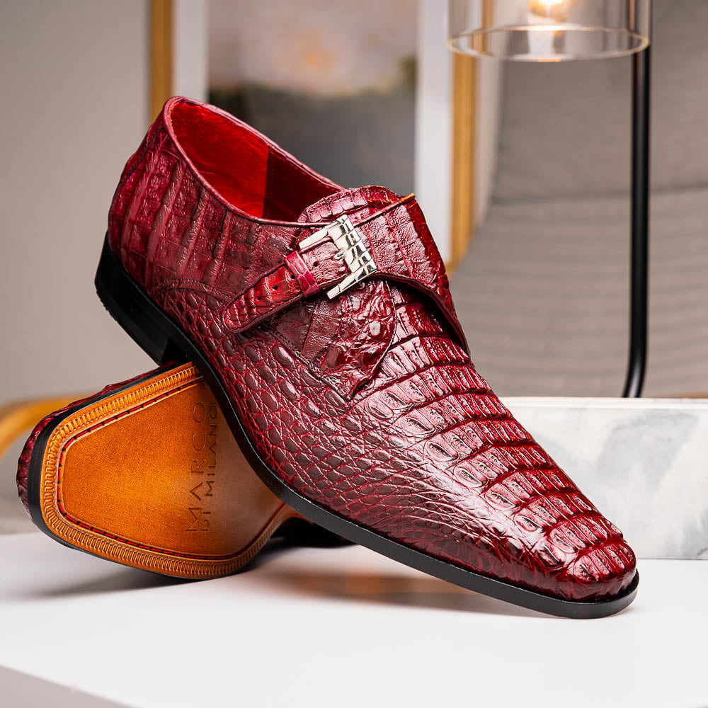 Luigi Genuine Caiman Crocodile Dress Monk Strap Shoes Wine