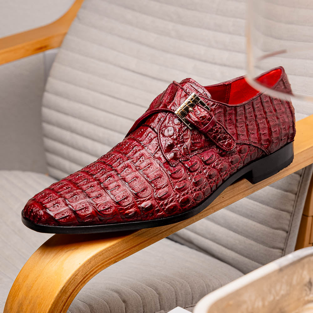 Luigi Genuine Caiman Crocodile Dress Monk Strap Shoes Wine