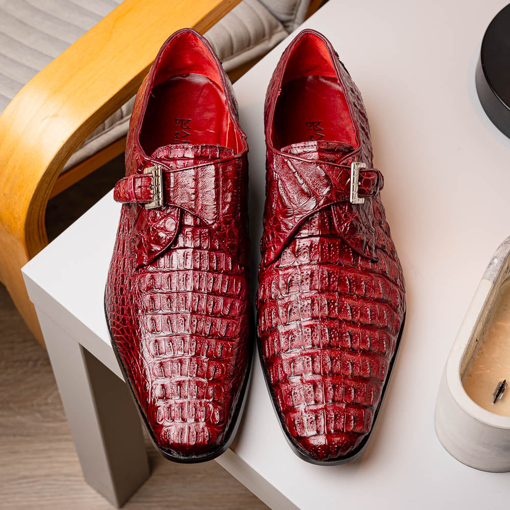Luigi Genuine Caiman Crocodile Dress Monk Strap Shoes Wine