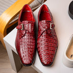 Luigi Genuine Caiman Crocodile Dress Monk Strap Shoes Wine