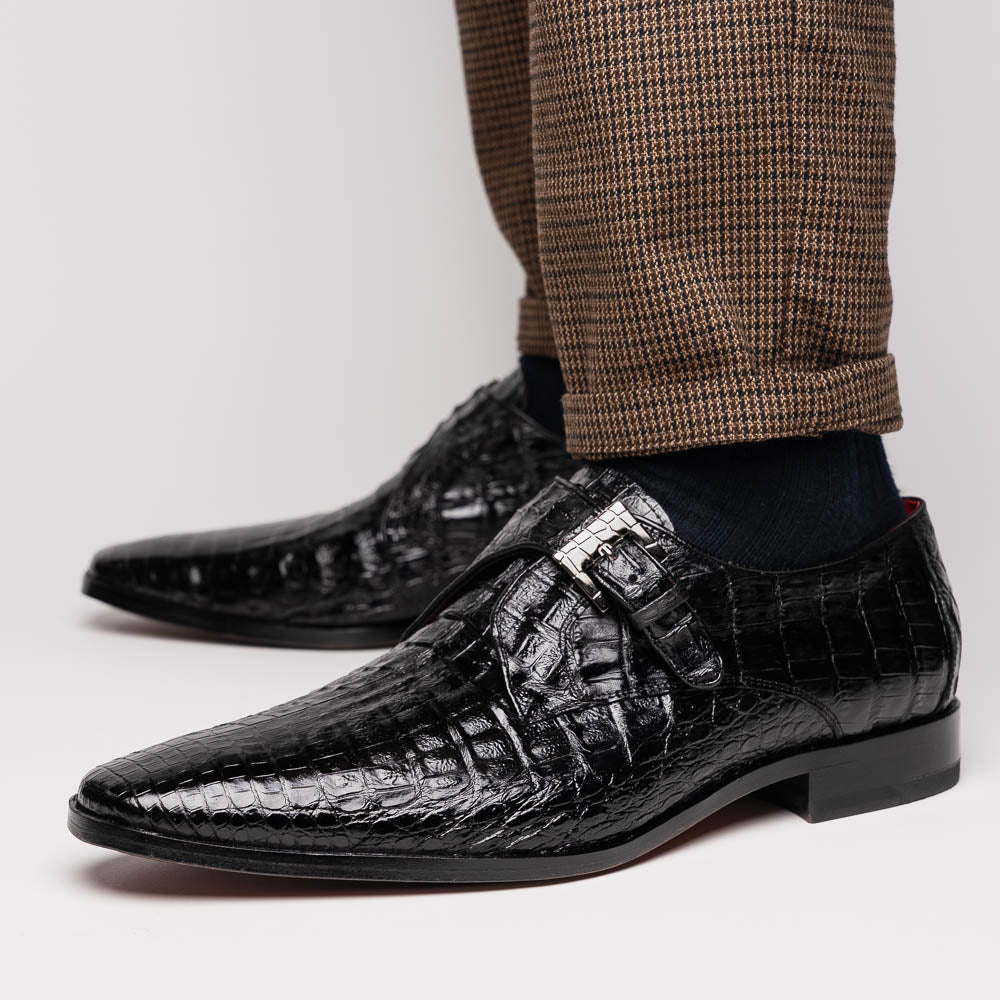 genuine caiman crocodile dress monk strap Shoes Rovigo Black