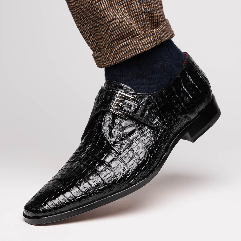 genuine caiman crocodile dress monk strap Shoes Rovigo Black