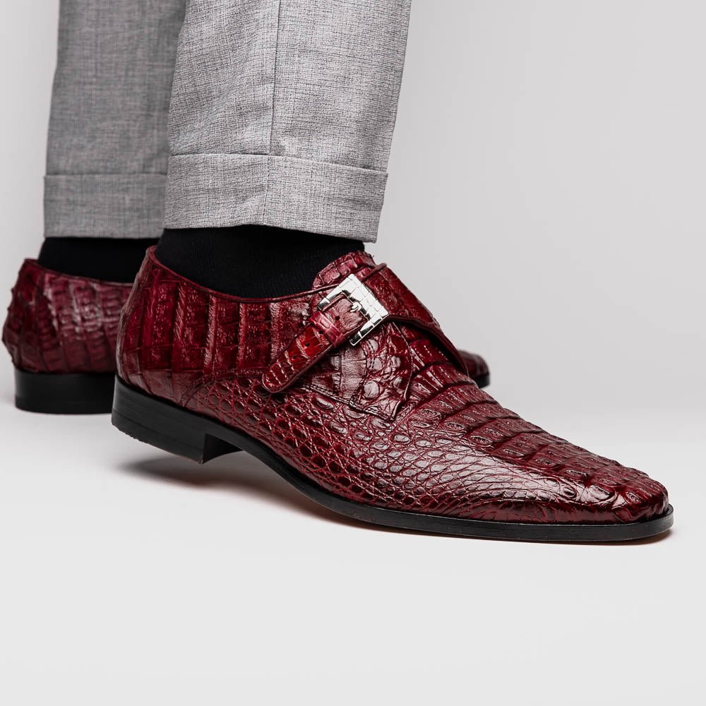 Luigi Genuine Caiman Crocodile Dress Monk Strap Shoes Wine