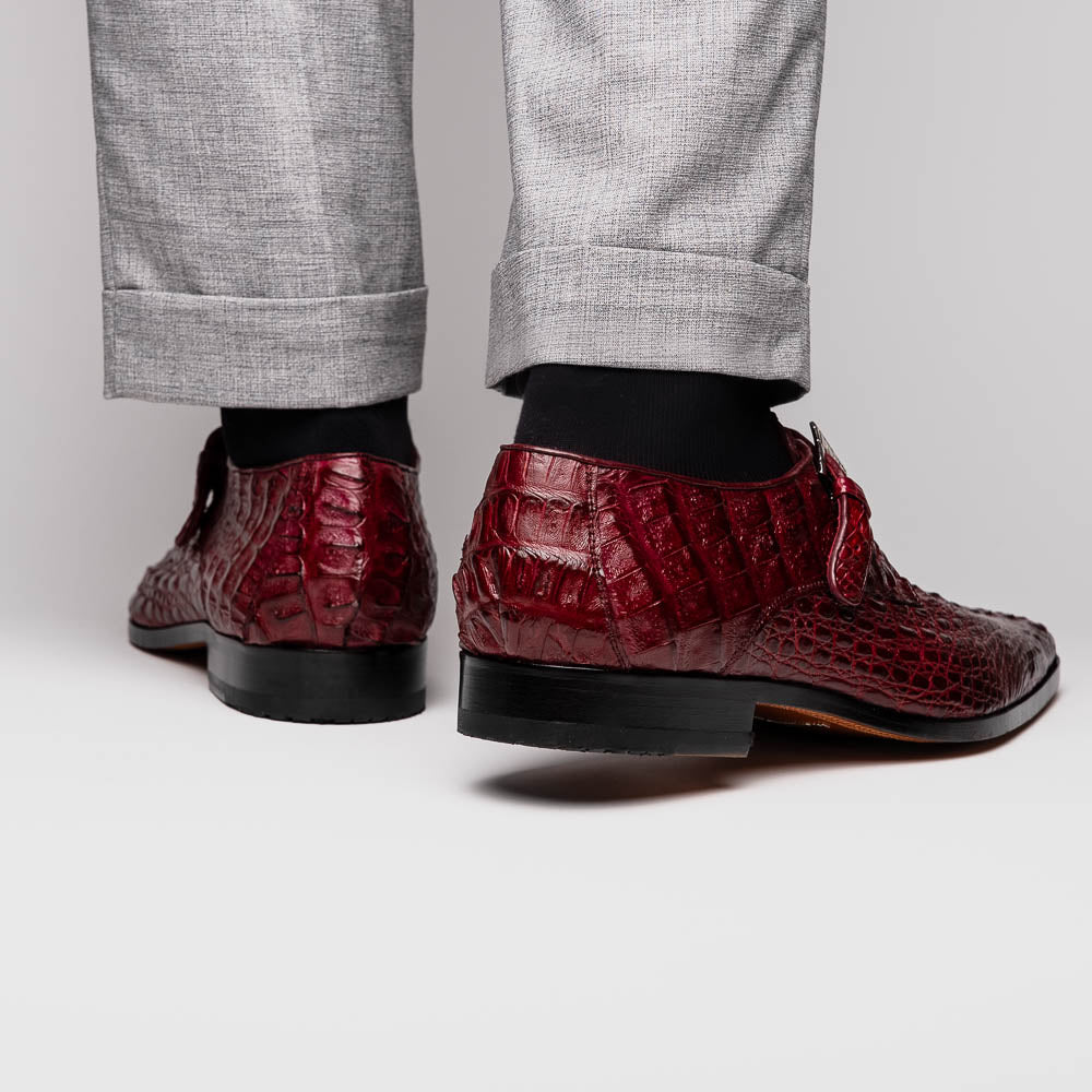 Luigi Genuine Caiman Crocodile Dress Monk Strap Shoes Wine