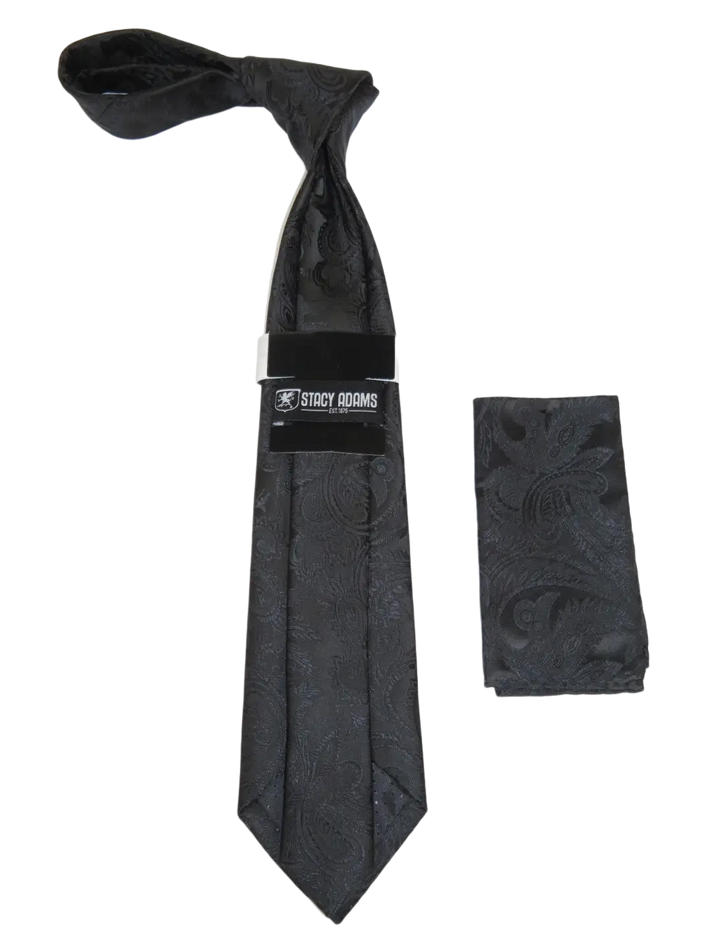 Men's Stacy Adams Tie and Hankie Set Woven Silky Satin #SAT102 Black Paisley