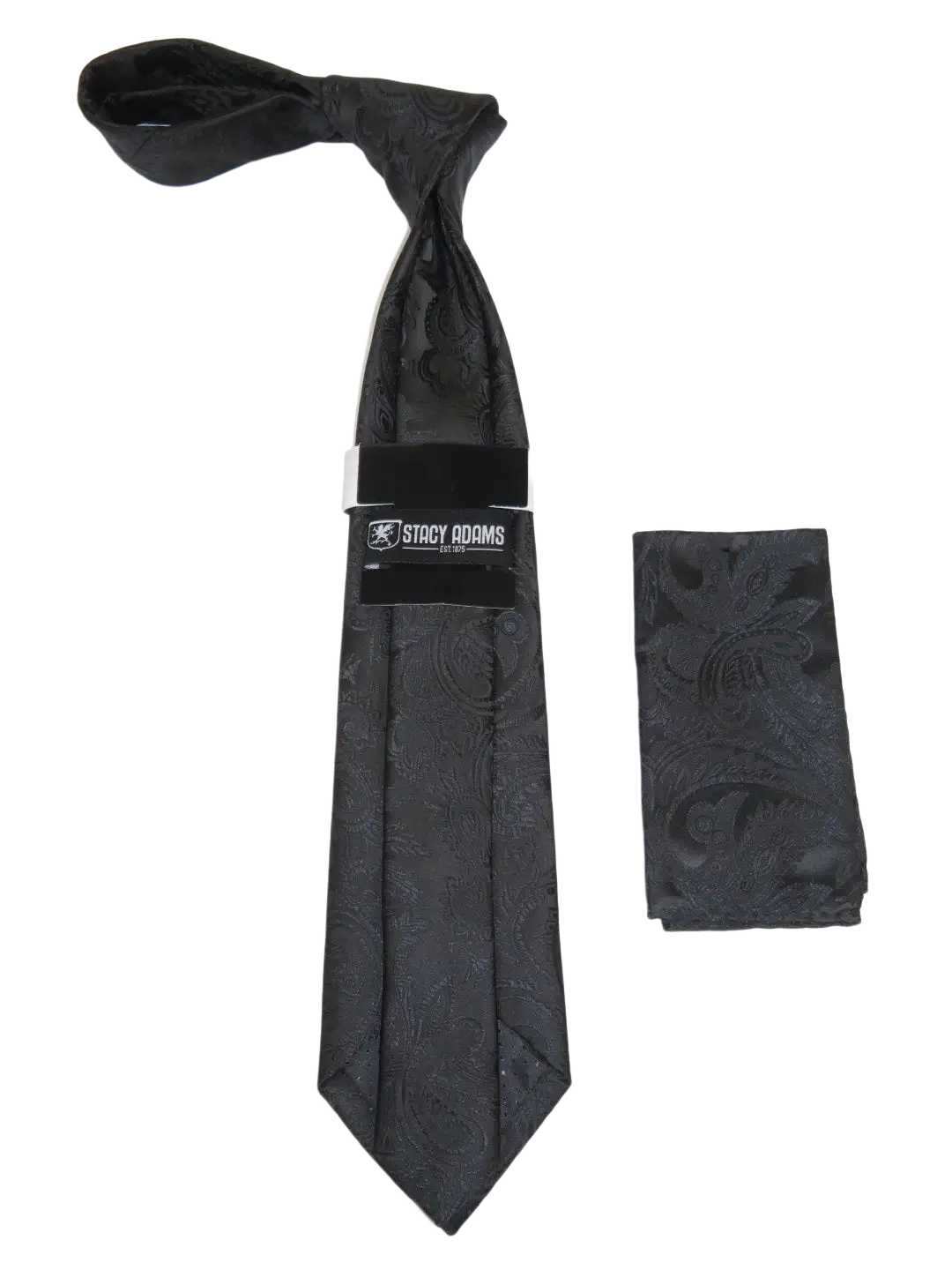 Men's Stacy Adams Tie and Hankie Set Woven Silky Satin #SAT102 Black Paisley