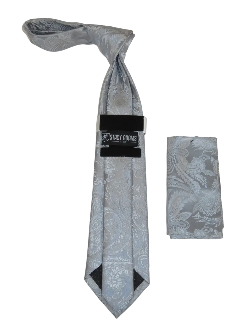 Men's Stacy Adams Tie and Hankie Set Fancy Woven Silky Satin #SAT108 Silver