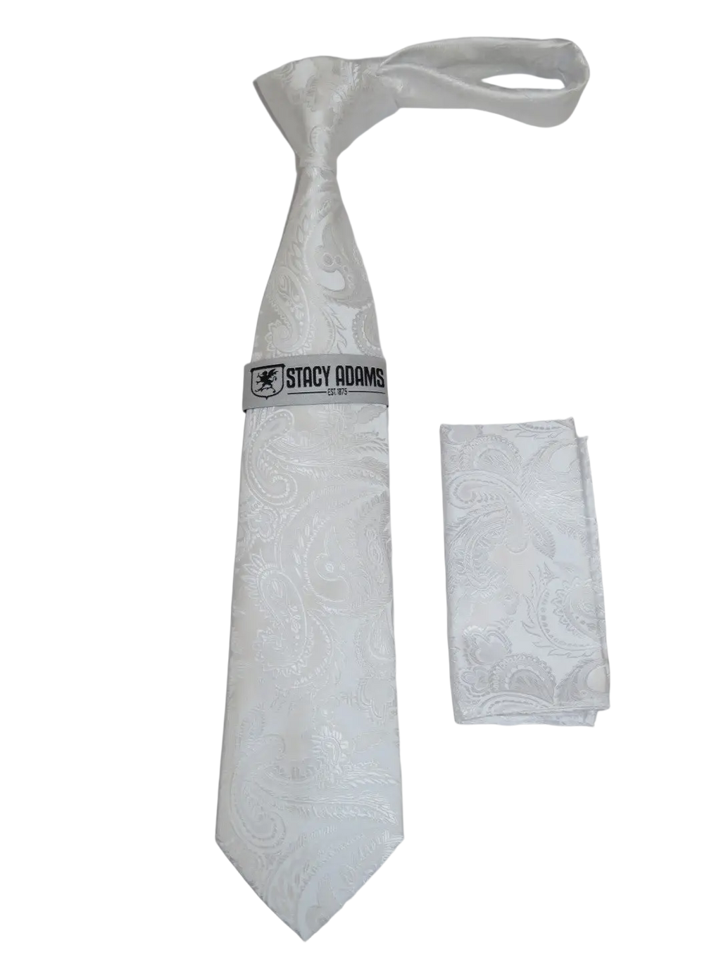 Men's Stacy Adams Tie and Hankie Set Woven Silky Satin #SAT115 White Paisley
