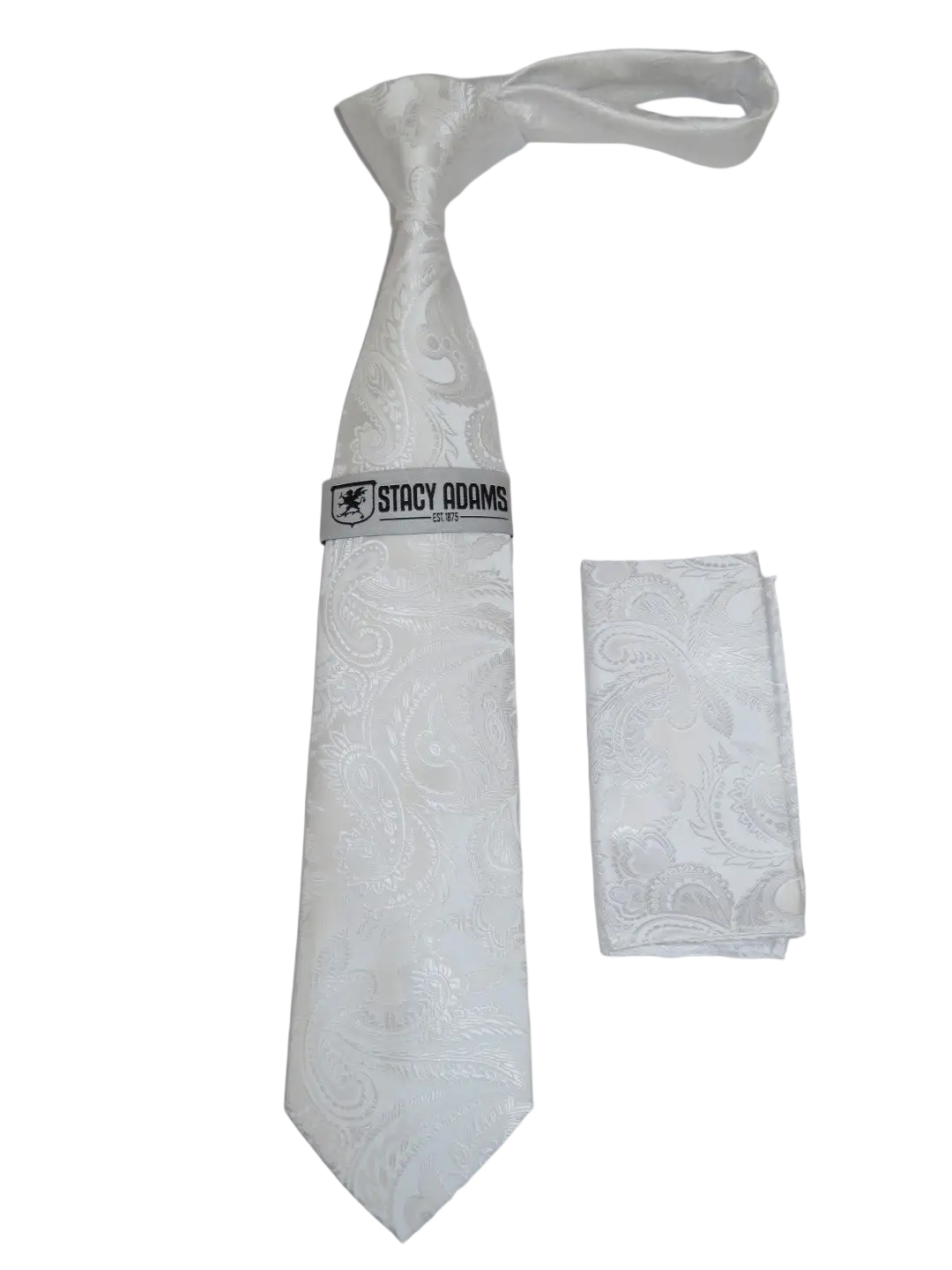 Men's Stacy Adams Tie and Hankie Set Woven Silky Satin #SAT115 White Paisley