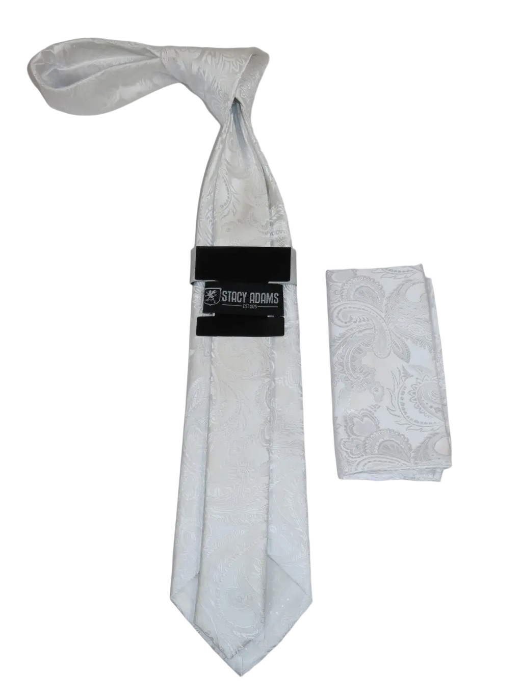 Men's Stacy Adams Tie and Hankie Set Woven Silky Satin #SAT115 White Paisley