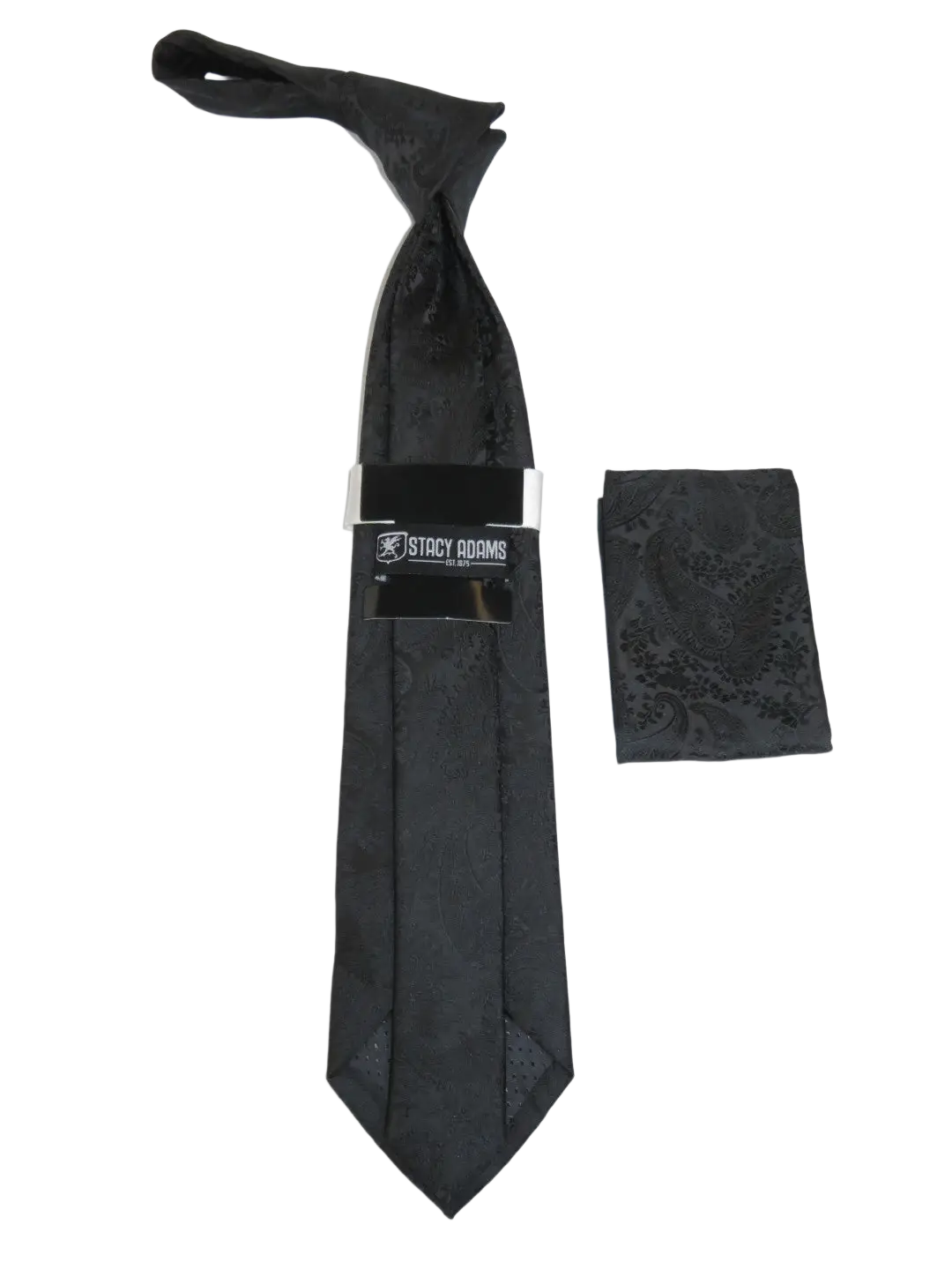 Men's Stacy Adams Tie and Hankie Set Woven Silky Satin #SAT116 Black Paisley