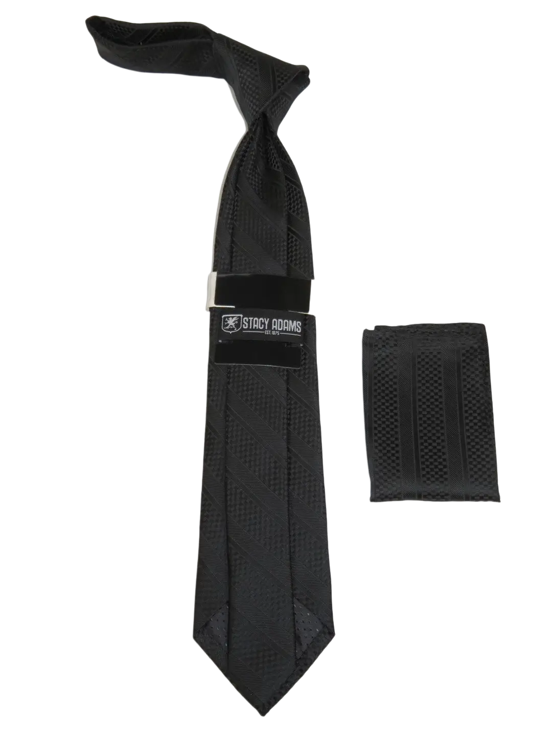 Men's Stacy Adams Tie and Hankie Set Fancy Woven Silky Satin #SAT117 Black