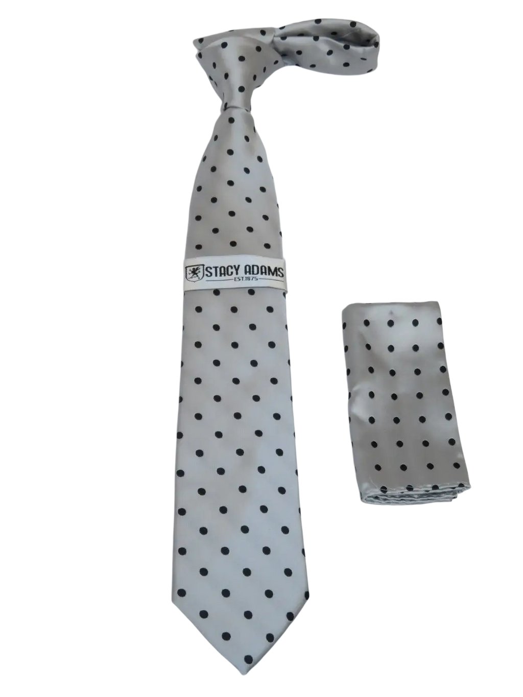 Men's Stacy Adams Tie and Hankie Set Woven Silky Satin #SAT122 Silver Polka Dot
