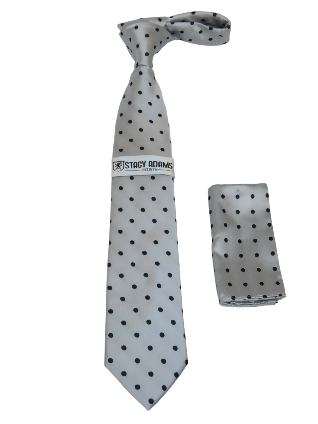 Men's Stacy Adams Tie and Hankie Set Woven Silky Satin #SAT122 Silver Polka Dot