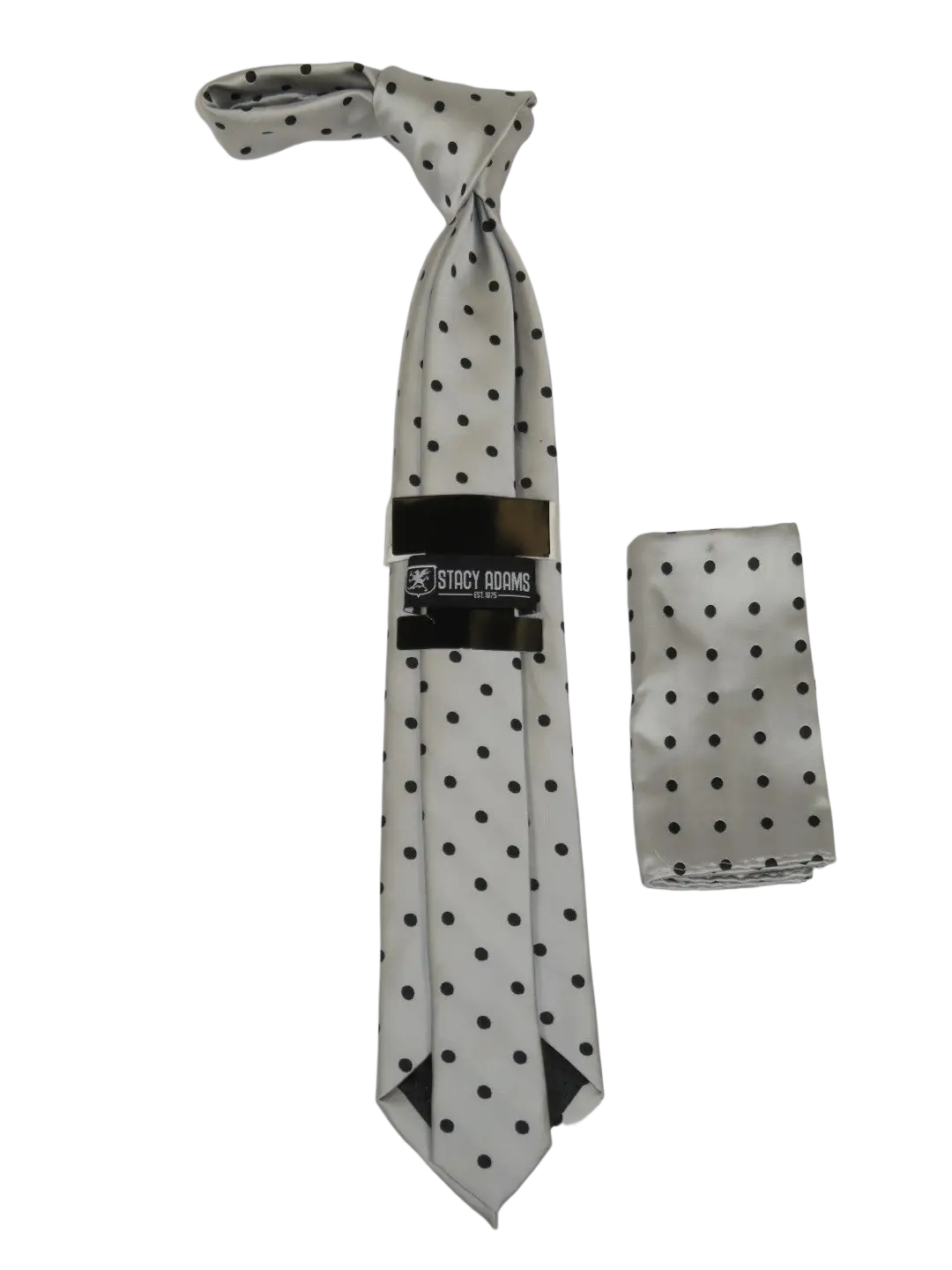 Men's Stacy Adams Tie and Hankie Set Woven Silky Satin #SAT122 Silver Polka Dot