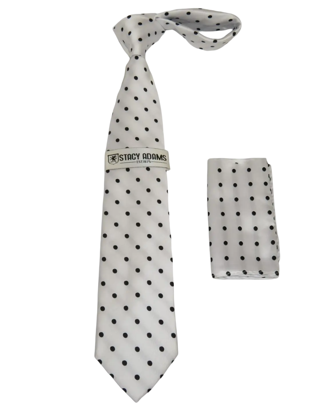 Men's Stacy Adams Tie and Hankie Set Woven Silky Satin #SAT124 White Polka Dot