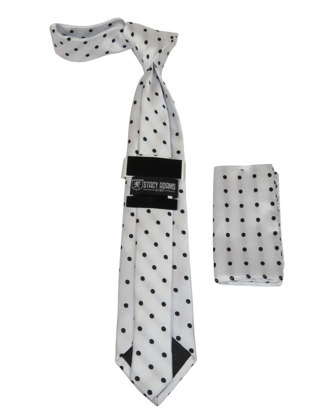 Men's Stacy Adams Tie and Hankie Set Woven Silky Satin #SAT124 White Polka Dot